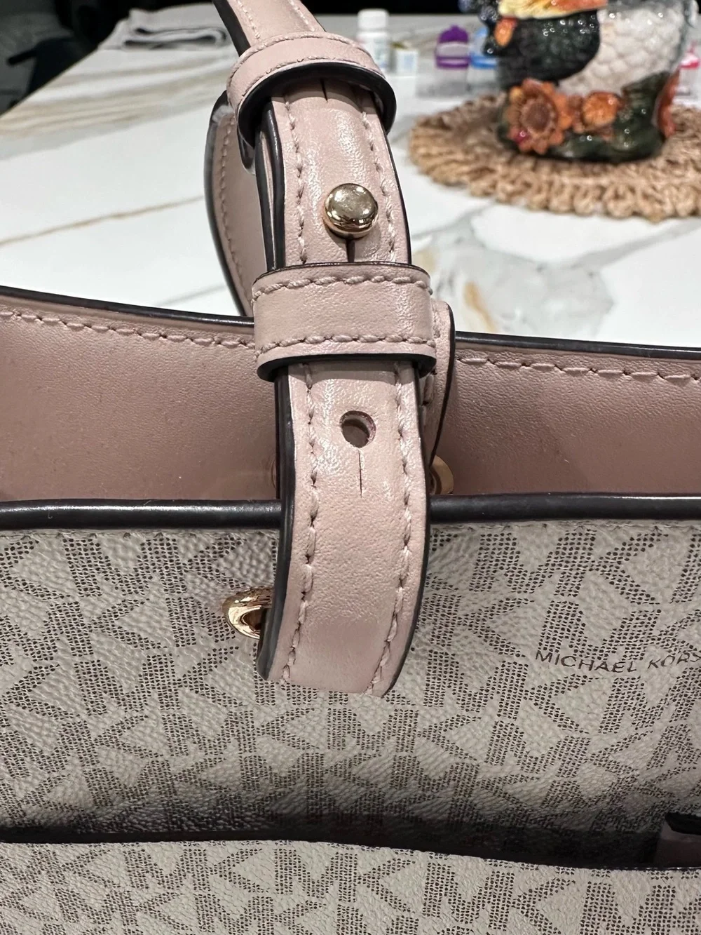Michael Kors Light Beige Signature MK Pocket Tote with Pink Trim